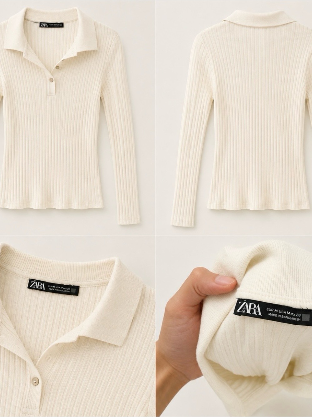 ZARA Cream Ribbed V‑Neck Polo Sweater